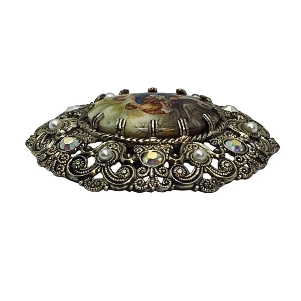 German Silver Tone Porcelain Brooch With Clear Rhinestones & Faux Pearls (5768) - Picture 4 of 6